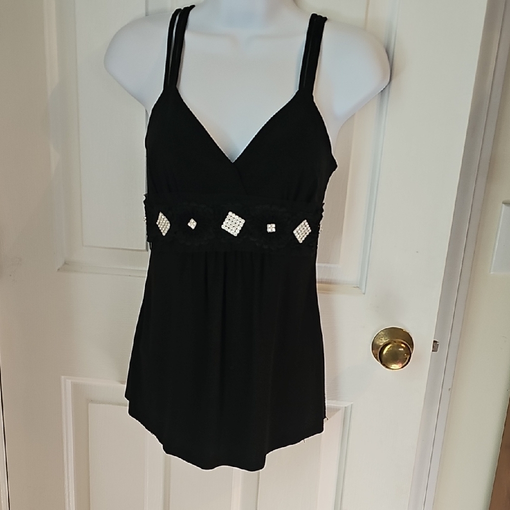 Lipstick Boutique Black Embellished Tank Top S 3 Straps On Each Shoulder